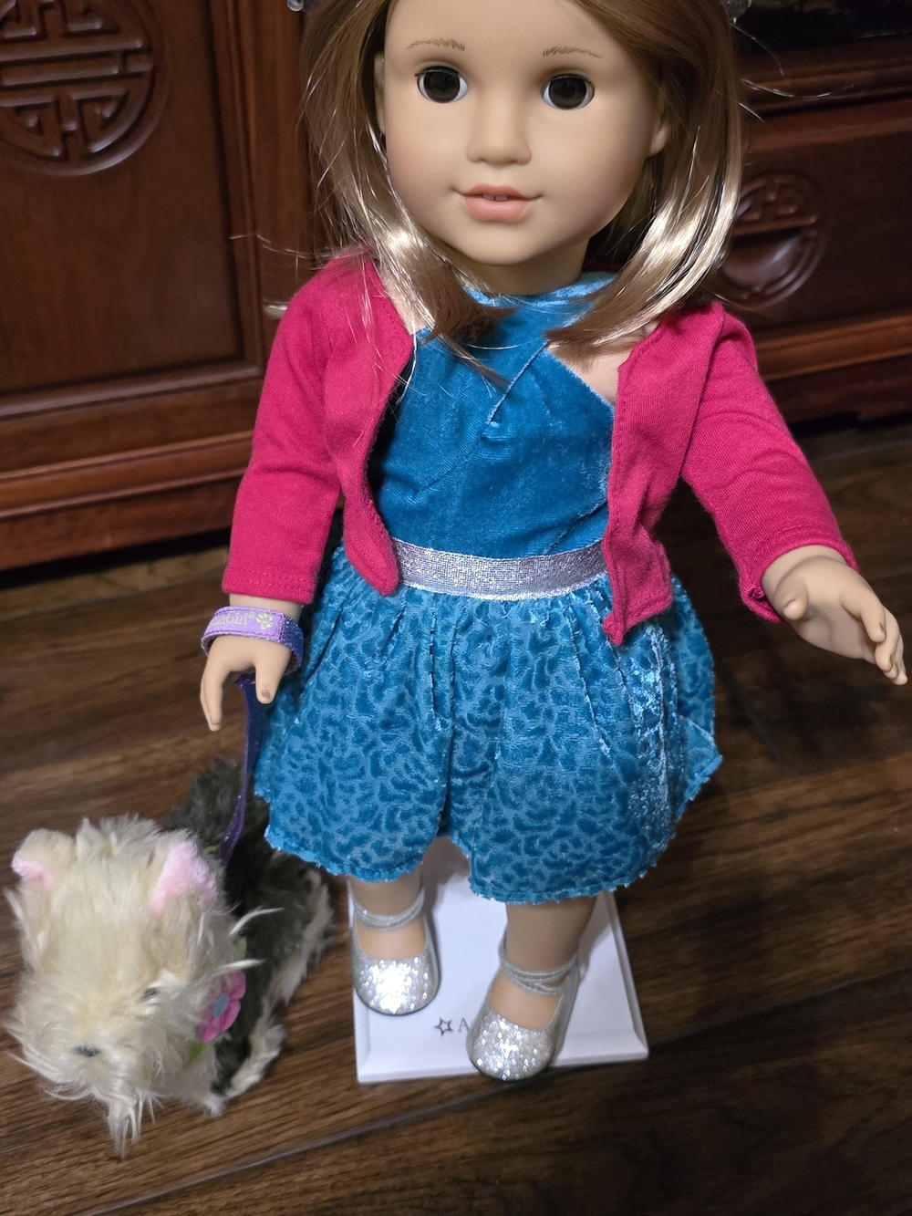 American Girl Doll Teal Velvet Dress with Pink Cardigan and Silver Accents.